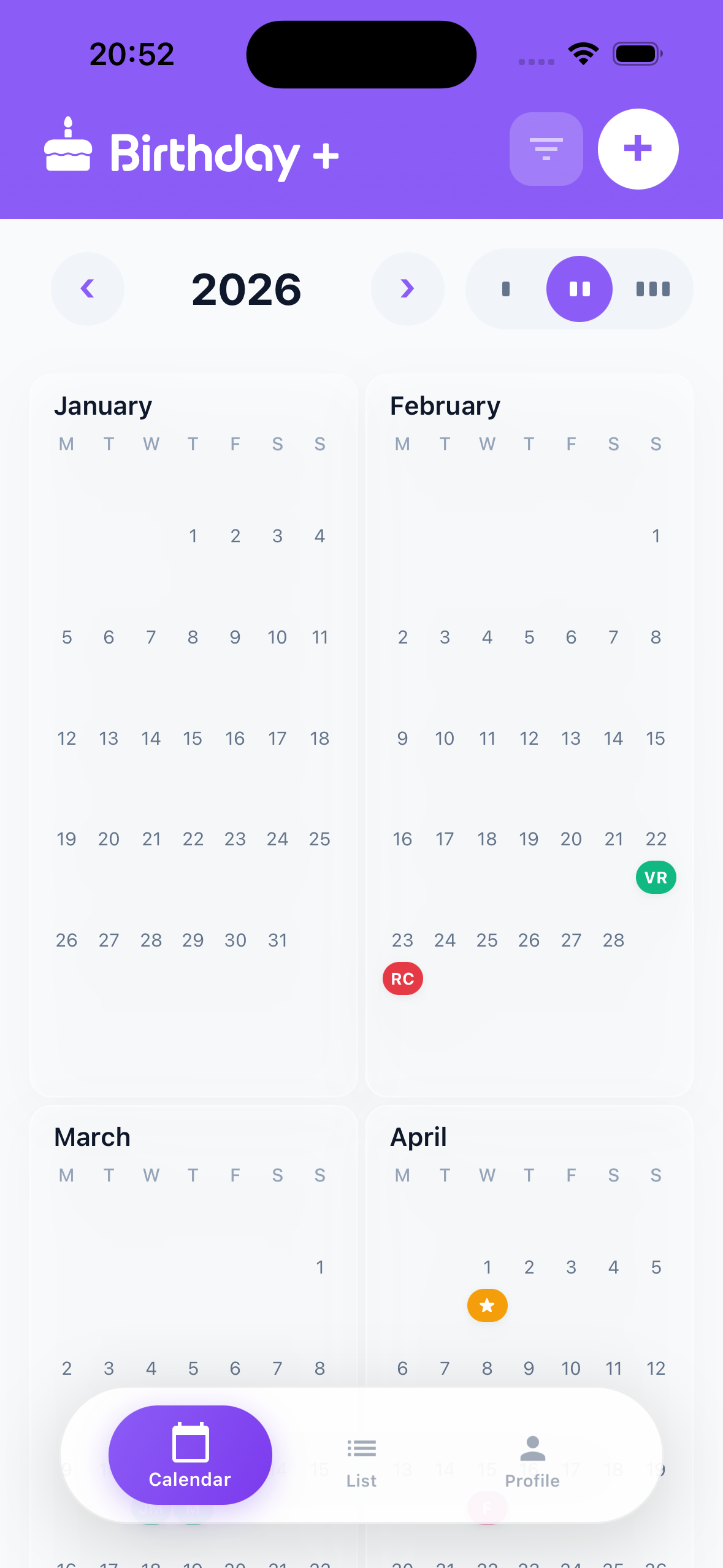 Birthday Plus calendar interface